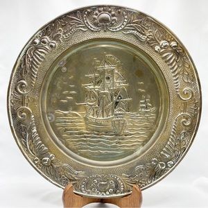 Vintage Brass Ship Plate Repousse Artistic Plate Schooner Sailing The High Seas